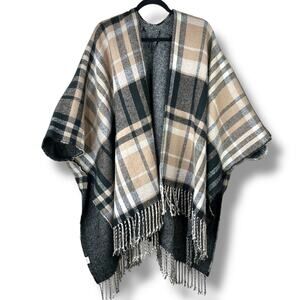 Women's Brown Plaid Knitted Wrap Oversized Tassel Poncho Blanket Cape Shawl OS